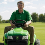 man on green lawn mower