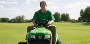 man on green lawn mower
