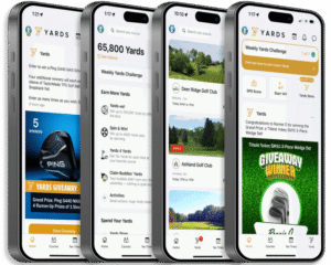 4 mobile phones showing different Yards Golf app screenshots