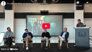 conference panle of four speakers seated on stage at Ohio Golf Conference